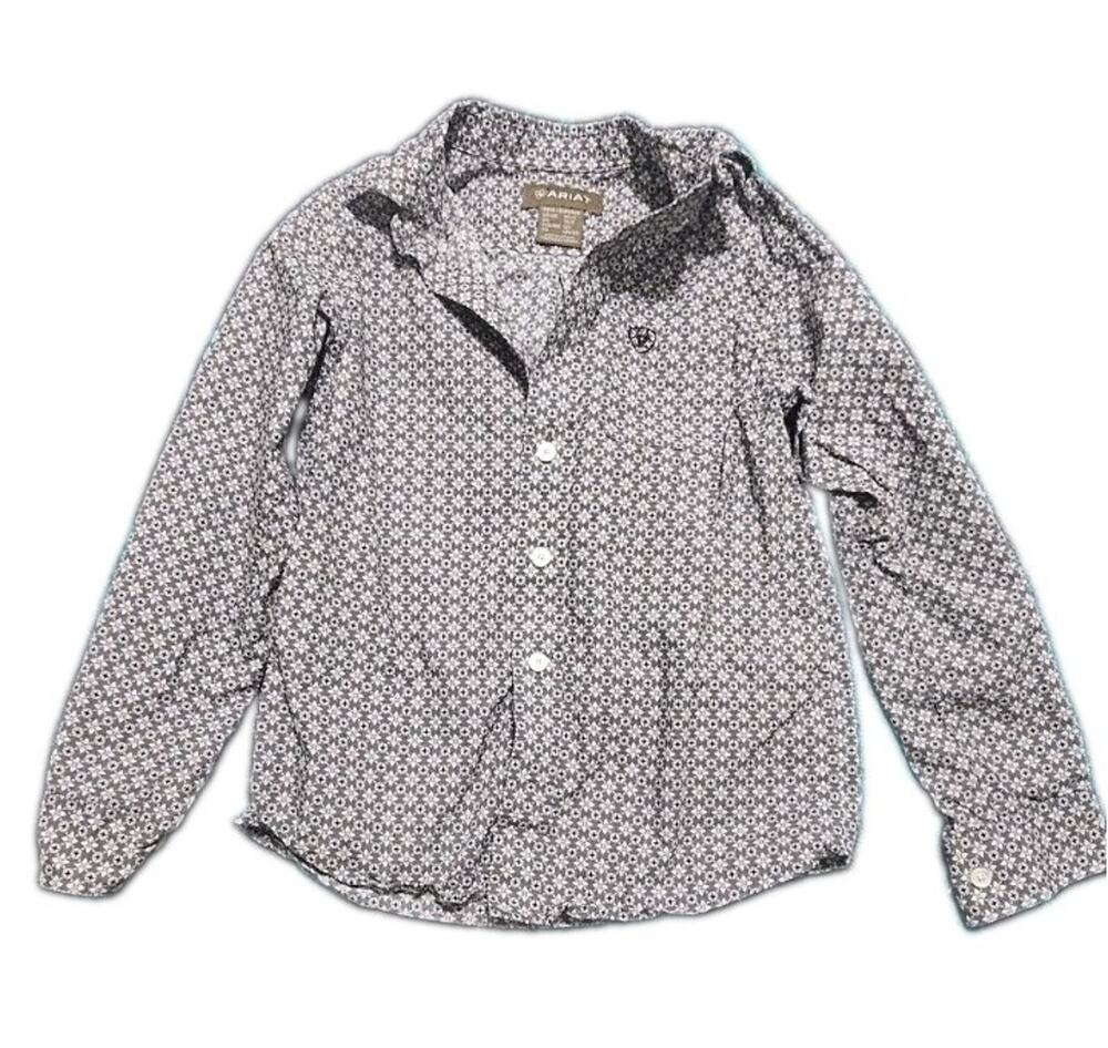 Ariat Boys Size 7 Long Sleeve Button Down Western Dress Shirt Black Grey XS